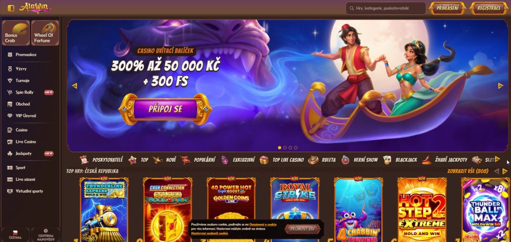 Úvodní stránka online casina Alawin s fialovým fantasy motivem kouřového džina a dvojice na létajícím koberci; banner uvádí bonus 300 % až do 50 000 Kč a 300 zatočení zdarma